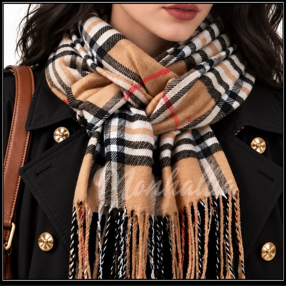 New Classic British Hunter’s Plaid Equestrian Fringe Scarf in Camel